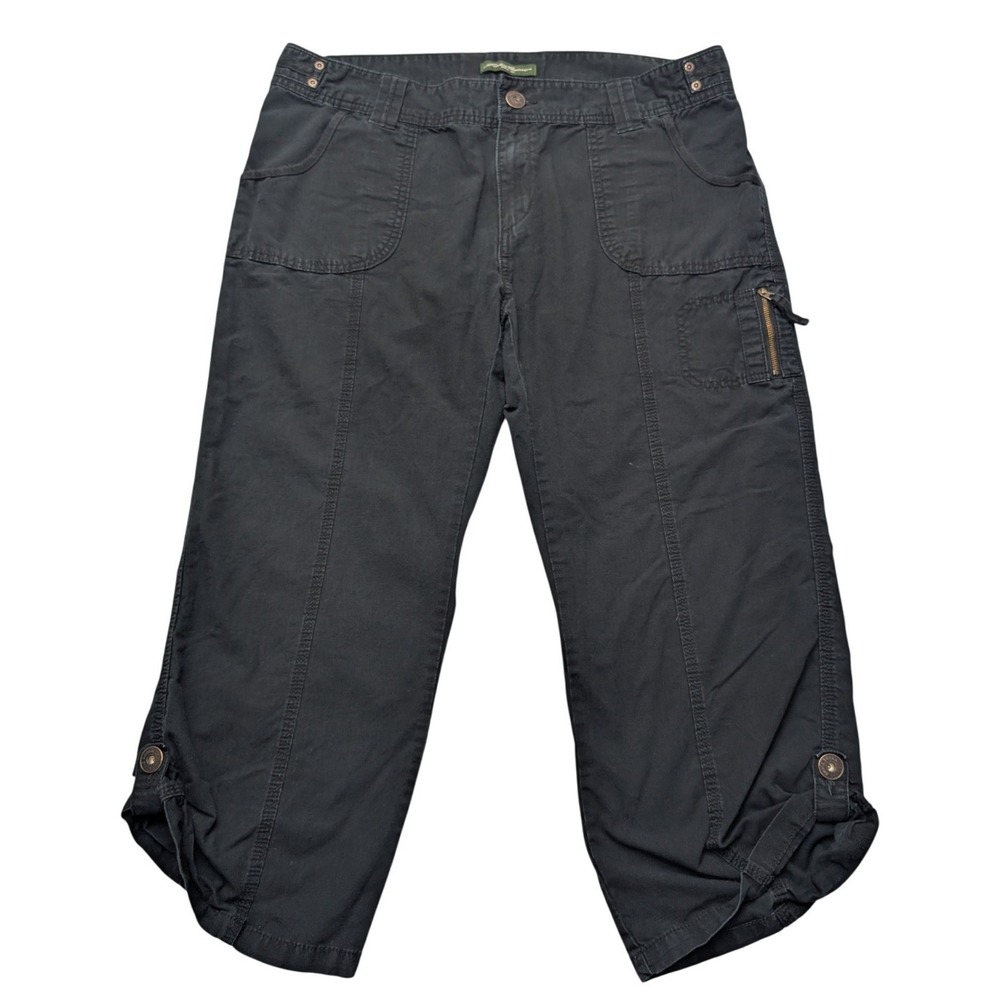 Eddie Bauer Cargo Pants Women 14 Black Cropped Ripstop Ruched Hem Utility